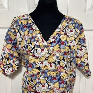 Womens Cottonality Scrub Top Patriotic American Bears‎ Rabbits Duck Boats whimsy